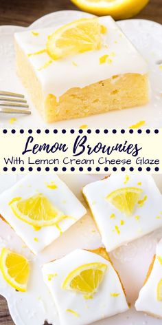 lemon brownies with lemon cream cheesecake frosting on a white plate next to a fork