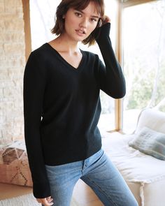 The classic cashmere v-neck sweater is timeless. Made from the finest Grade A cashmere, it's an essential that should be everyone's closet. Lightweight, soft and cozy, it's perfect for just about any time of year and occassion.  | Quince | Women's Mongolian Cashmere V-Neck Sweater in Black, Size Small Classic Cashmere V-neck Sweater In Soft Knit, Casual Cashmere V-neck Sweater For Layering, Elegant Soft Knit Cashmere V-neck Sweater, Black V-neck Cashmere Top, Elegant Cashmere V-neck Sweater, Everyday Fall Cashmere V-neck Sweater, Black Cashmere V-neck Sweater For Winter, Casual Everyday Cashmere V-neck Sweater, Cozy Cashmere V-neck Sweater In Fine Knit