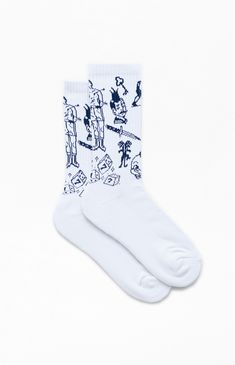 Step up your sock game with the Tattoo Crew Socks from PacSun. Featuring a tattoo design on the ribbed upper, these socks bring a touch of edgy style to your outfit. Crafted with comfy stretchy material, they offer both fashion and comfort for all-day wear.


	Crew socks
	Ribbed uppers
	Jacquard knit design
	Soft & stretchy fit Trendy White Socks For Streetwear, Casual White Socks With Graphic Print, Sporty Cotton Socks For Streetwear, White Casual Socks With Graphic Print, White Cotton Socks For Streetwear, Sock Tattoo, Zumiez Socks, Sock Game, Jacquard Knit