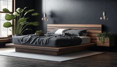 a large bed sitting next to a window on top of a hard wood flooring