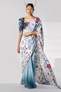 Sky Blue Saree, Saree Gowns, Cotton Sarees Handloom, Placement Embroidery, Saree Blouses Online, Draped Sleeves, Saree Design