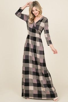 3/4 Sleeve front wrap plaid maxi with pockets Plaid Maxi Dress, Dark Lavender, Uni Outfits, Ladies Dresses, Tea Length Dresses, Sleeve Maxi Dress, Square Print, Fashion 2018, Maxi Dress With Sleeves