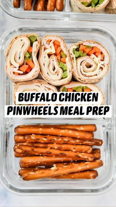 two plastic containers filled with sandwiches and pretzels next to the words buffalo chicken pinwheels meal prep