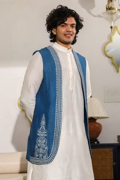 Cobalt blue longline bundi with resham and zari embroidery in mandala pattern. - Aza Fashions Traditional Sleeveless Cotton Outerwear, Blue Nehru Jacket With Resham Embroidery, Unstitched Blue Nehru Jacket With Dabka, Blue Unstitched Nehru Jacket With Dabka, Traditional Sleeveless Kurta With Zari Work, Traditional Blue Nehru Jacket In Straight Kurta Style, Traditional Unstitched Blue Nehru Jacket, Blue Unstitched Traditional Nehru Jacket, Traditional Blue Nehru Jacket With Chikankari Embroidery