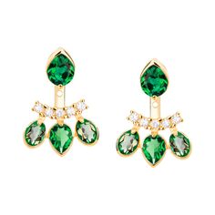 These earrings have oval studs and detachable ear jackets set with cubic zirconia and green quartz stones in varying shapes and sizes for a truly mesmerizing effect. Sweep your hair back to keep them in full view. Luxury Green Earrings For Pierced Ears, Luxury Green Hoop Earrings For Formal Events, Luxury Green Elegant Cluster Earrings, Luxury Festive Green Earrings, Luxury Green Hoop Earrings For Formal Occasions, Affordable Green Statement Crystal Earrings, Luxury Green Crystal Earrings, Luxury Green Gemstone Bridal Earrings, Luxury Green Hand-set Bridal Earrings