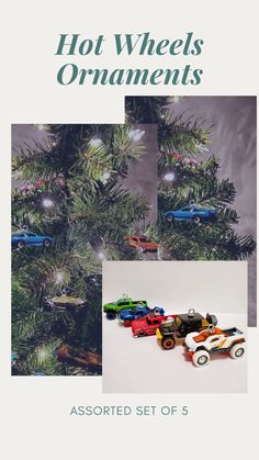 a christmas tree with toy cars on it and the words hot wheels ornaments