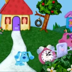 an animated image of a house and some animals