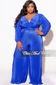 Stretch jumpsuit V neck Long sleeves Pleated Elastic waistband Wide legs V back Self tie closure Zipper closure 100% polyester Hand wash cold Inseam is 34 inches Model is wearing a 2X Ski Chic, Jumpsuit V Neck, Stretch Jumpsuit, Pleated Jumpsuit, Chic And Curvy, Wide Legs, Bridal Party, Final Sale, Royal Blue