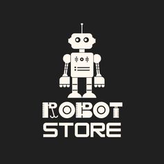 the robot store logo is shown on a black background with white letters and an image of a