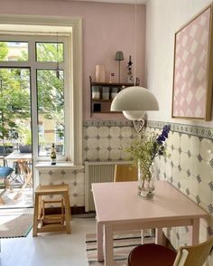 a table and chairs in a small room