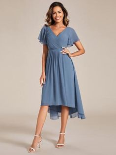 Perfect for a romantic garden wedding, this chic V neck high-low wedding guest dress is a delightful choice. The ruffled sleeves and pleated chiffon material add a touch of elegance, creating a whimsical look that's bound to impress. Summer Chiffon Bridesmaid Dress With Ruffles, Wedding Midi-length Chiffon Dress, Midi Length Chiffon Wedding Dress, Chiffon Midi Length Wedding Dress, Wedding Chiffon Midi Dress, Chiffon Midi Dress For Wedding, Elegant Bridesmaid Dress With Ruffles For Spring, Elegant Spring Bridesmaid Dress With Ruffles, Spring Bridesmaid Dress With Ruffles