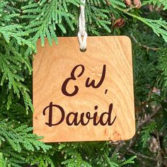 a wooden ornament hanging from a tree with the word ej david written on it