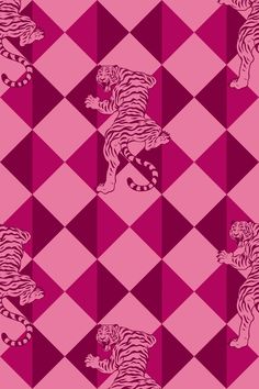 a pink and purple checkered pattern with a white tiger on it