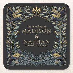 a wedding card with two birds in the middle and leaves around it, on a black background