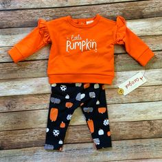 Orange Sweatshirt With Pumpkin Print Leggings. Size Newborn New With Tags Orange Cotton Playtime Sets, Cotton Sets For Playtime In Fall, Fitted Tops For Fall Playwear, Playful Orange Playwear Sets, Fitted Orange Playwear Sets, Cute Orange Tops For Playwear, Casual Orange Playtime Sets, Playful Playwear Sets For Fall, Sweatpants And Sweatshirt Outfit