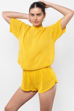 RIN500GD - Cotton Fishnet Mock Neck Big Tee Fishnet Shorts, Big T Shirt, Mock Neck And T Shirt, Big Tshirt, Dolphin Shorts, Oversized Jeans, Performance Wear, Summer Staples, High Leg