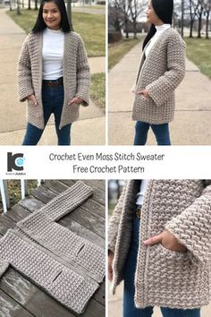 the crochet evening mass - stitch sweater pattern is shown in three different pictures