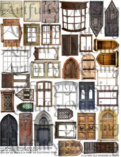 an assortment of wooden doors and windows in various styles, sizes and colors are shown