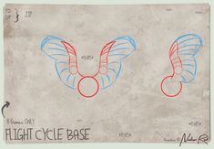 two drawings of wings with the words flight cycle base written on them in red and blue