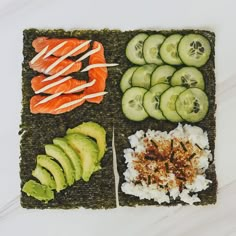 sushi platter with cucumbers, salmon and avocado