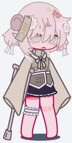 an anime character with pink hair wearing a coat and holding a stick in her hand