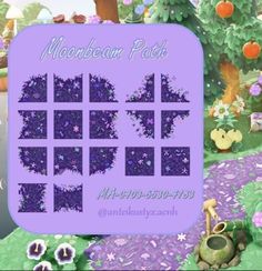 an animal crossing game with purple flowers and trees