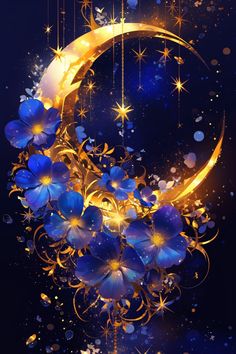 a blue and gold background with stars, flowers and a crescent on the top of it