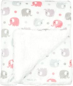 a blanket with pink and grey elephants printed on the front, along with white background