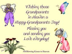 a card with an image of two angels and flowers in the background, which reads wishing those grandparents in heaven's happy grandparents day