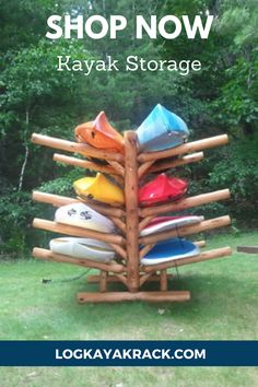 kayaks are stacked on top of each other with the words, shop now kayak storage