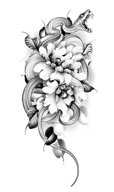 a black and white drawing of flowers with a dragon on the top of it's head