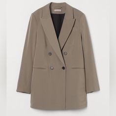 Straight-Cut, Double-Breasted Jacket In Woven Fabric. Pointed Lapels, A Diagonal Chest Pocket, And Welt Front Pockets. Decorative Buttons At Cuffs. Vent At Back. Lined. H&m Double-breasted Workwear Outerwear, Neutral Blazer With Buttons For Work, H&m Button-up Outerwear For Work, Fitted Taupe Outerwear For Work, H&m Fall Office Outerwear, Chic H&m Winter Blazer, H&m Double-breasted Fall Outerwear, H&m Long Sleeve Outerwear For Work, Classic H&m Blazer For Fall