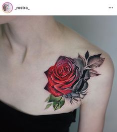 a woman with a rose tattoo on her chest