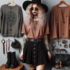 Witchy Outfits Casual Summer, Edgy Hairdresser Outfit, Rock Boho Outfit, Summer Boho Goth Outfits, Witch Fashion Aesthetic Modern, Soft Natural Goth, 90s Witchy Outfits Casual, Boho Alternative Fashion, Goth Summer Clothes