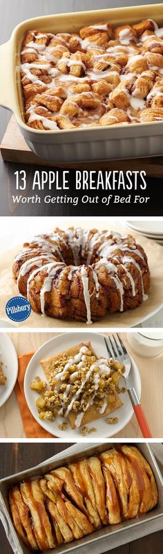 the steps to make apple breakfasts are shown in three different pictures, including an oval cake