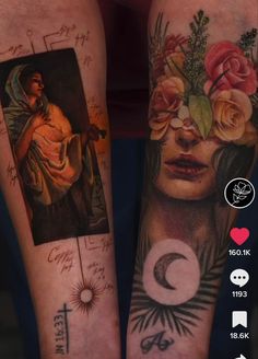 two women with tattoos on their arms are holding each other's hands and both have photos