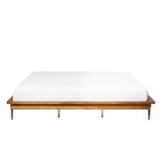 the bed frame is made from wood and has a white sheet on top of it