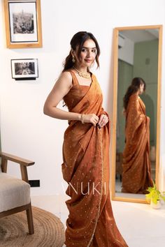 Shagun Rust Orange Tissue Silk Saree Tissue Saree For Wedding, Orange Tissue Saree, Tissue Cotton Sarees, Rust Orange Saree, Grad Saree, Rust Saree, Best Indian Wedding Dresses, Draping Styles, Silk Saree Blouse Designs Patterns