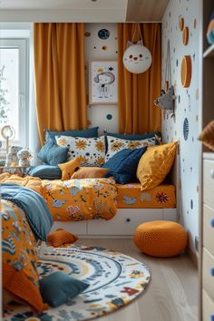 a child's bedroom with orange and blue bedding, rugs and curtains