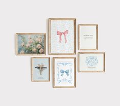 six framed pictures hang on the wall with different designs and colors, including pink bows