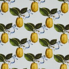 an image of lemons with leaves and ribbons on white background, printed in blue and green