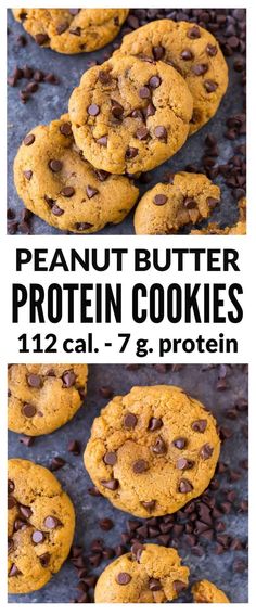 peanut butter protein cookies with chocolate chips on top and the words, peanut butter protein cookies