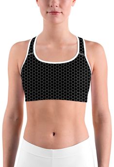 Black & White Honeycomb Sports bra Cute Sports Bra, Sports Bra Pattern, Best Sports Bras, Bra Pattern, White Sports Bra, Legging Outfits, Womens Leggings, Black Sports Bra, Sport Bra