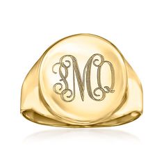 Ross-Simons - Monogram - Italian 14kt Yellow Gold Circle Signet Ring Size 7. Making for a classy addition to any type of outfit, signet rings are always a great choice for adding to your wardrobe or gifting. Made in Italy of luxe 14kt yellow gold, this timeless design becomes even more special with a FREE engraving of a monogram in your choice of block or script type. 1/2" wide. 14kt yellow gold personalized signet ring. Monogram Ring Gold, Diamond Anklet, Italian Gold Jewelry, Mixed Metal Bracelets, Pearl Bracelet Gold, Pearl Strands Necklace, Pearl Anklet, Mixed Metal Earrings, Engraved Initials