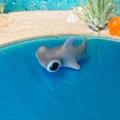 a toy shark sitting on top of a blue pool