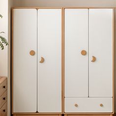 a white and wood armoire in a room with a potted plant on the side