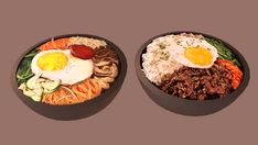 two black bowls filled with different types of food and one has an egg on top