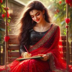 a painting of a woman in a red sari writing on a notepad while sitting on a swing