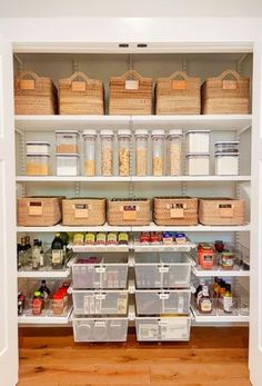 an organized pantry with bins and baskets