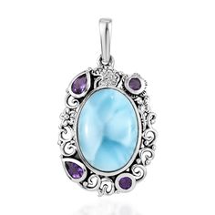 Buy Artisan Crafted Larimar and Amethyst Pendant in Sterling Silver 14.00 ctw at ShopLC. Bezel Pendant, Signature Jewelry, Floral Vine, Purple Lilac, Amethyst Pendant, Artisan Craft, A Class, Gemstone Colors, Deep Purple